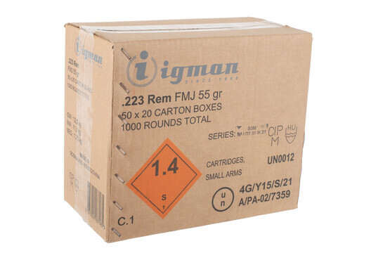 Igman 55-grain .223 Remington ammo with full metal jacket bullets. Case of 1000